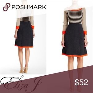 EJ STRIPE FIT & FLARE 3/4 SLEEVE SWEATER DRESS